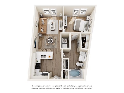 A top down view of a small apartment with a kitchen, living room, and bathroom.